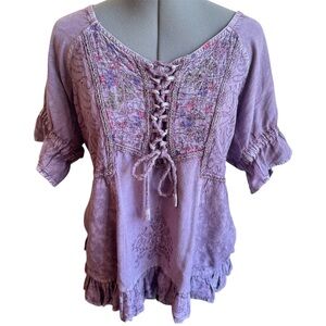 Papa Vancouver Purple Lace Flowy Top Fairycore Boho Romantic Embroidered Blouse